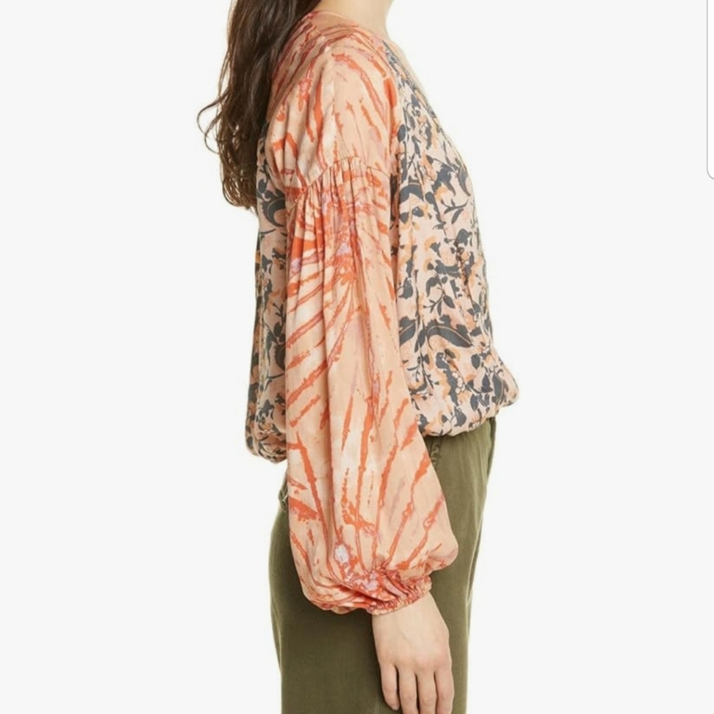 Free People Orange Gray V Neck Flounce Longsleeve Blouse Wrap Printed Shirt Top - Picture 3 of 14